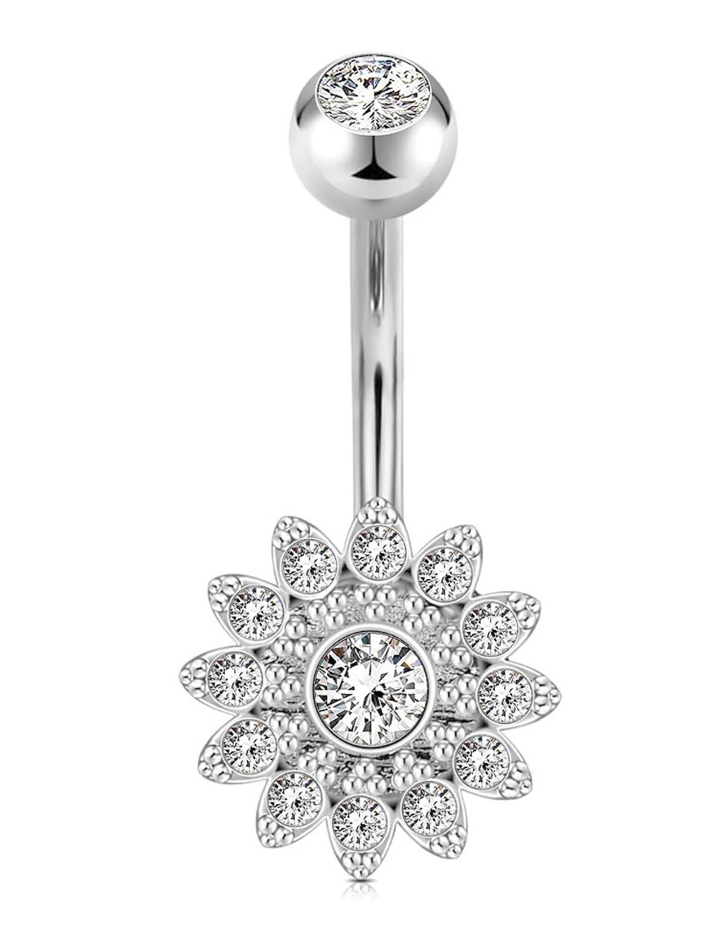 Sterling Silver Crystal Flower Belly Button Ring - Silver